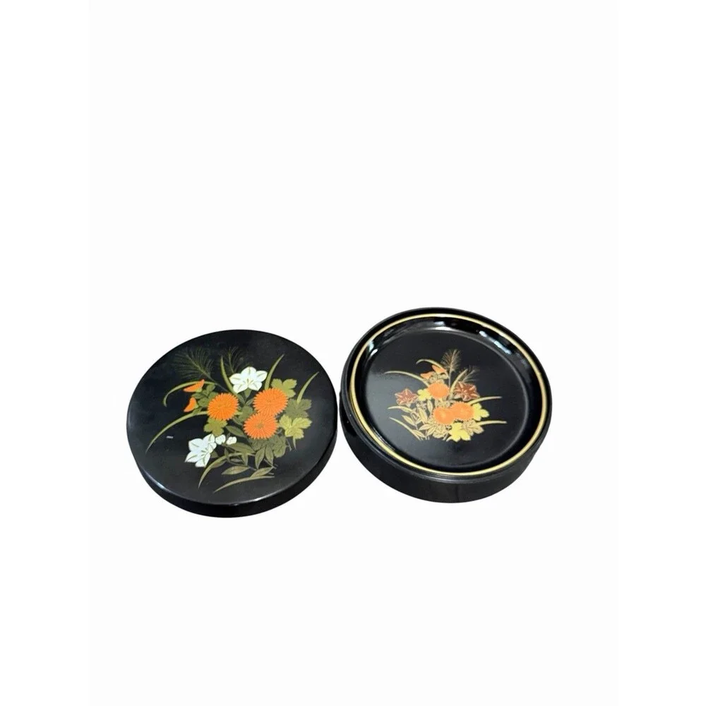 Vtg Toyo Lacquerware 5 Coasters Black Japanese Matching Lidded Storage Box